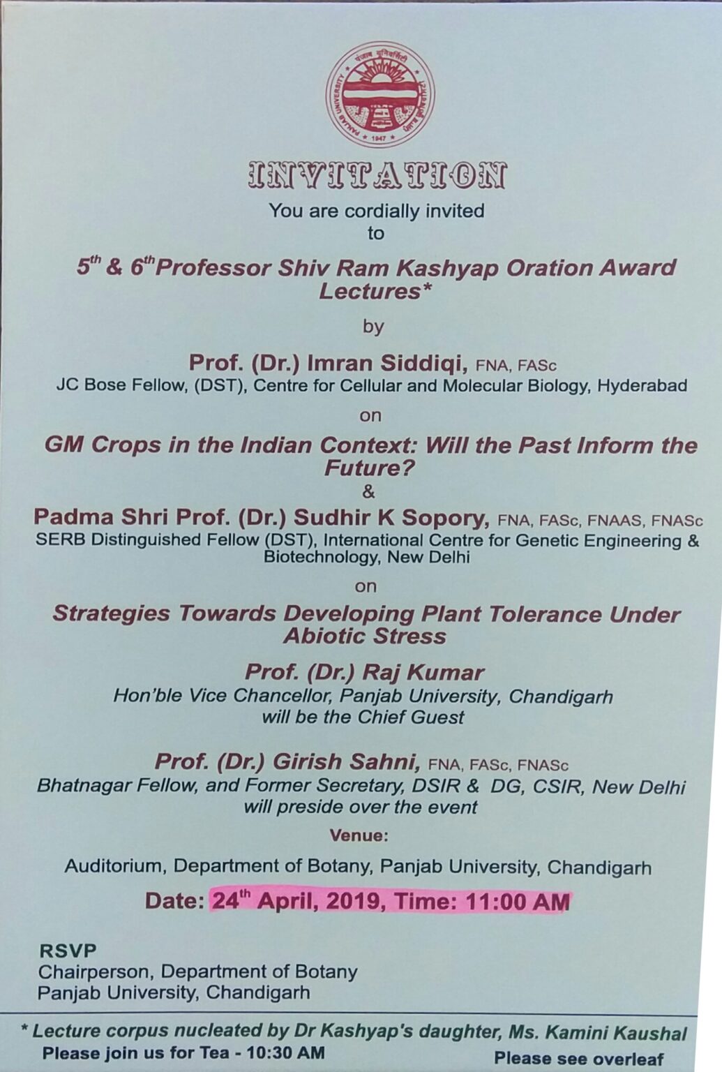 Professor Shiv Ram Kashyap Oration Award Lectures